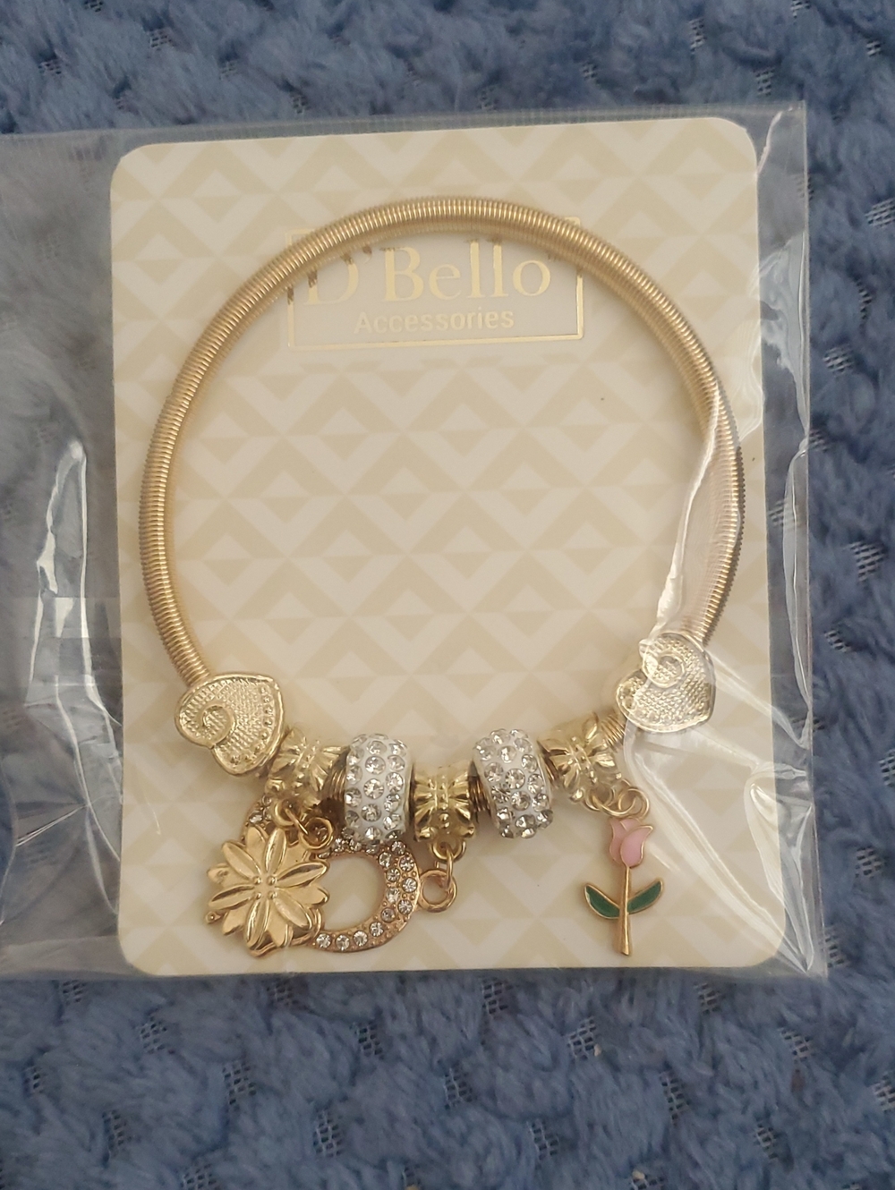 D'Bello Gold-Tone Charm Bracelet with Pink Rose and Crystal Accents